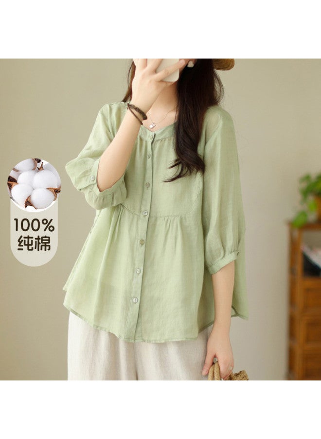 XINYANG Pure Cotton Babydoll Shirt Women's 2025 Summer Thin Short-sleeve Blouse Round Neck Waist-cinching Flattering Top - Image 2