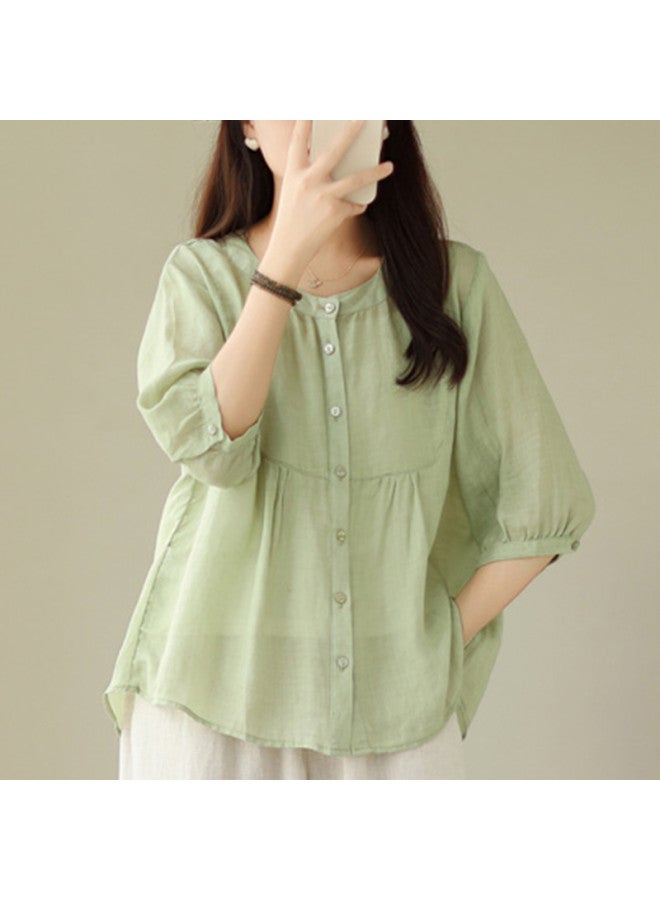 XINYANG Pure Cotton Babydoll Shirt Women's 2025 Summer Thin Short-sleeve Blouse Round Neck Waist-cinching Flattering Top - Image 3