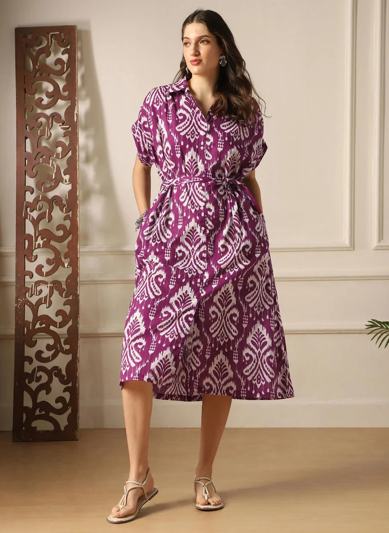 globus Globus Women Purple Ethnic Print Collared Neck Extended Sleeves Belted Shirt Style Midi Dress
