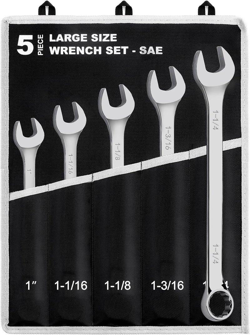 5-Piece SAE Large Size Add-on Combination Wrench Set, 1”, 1-1/16, 1-1/8, 1-3/16, 1-1/4” | Chrome Vanadium Steel, Long Pattern, 12-Point | Great for Auto, Truck, Tractor and Machinery Repairs