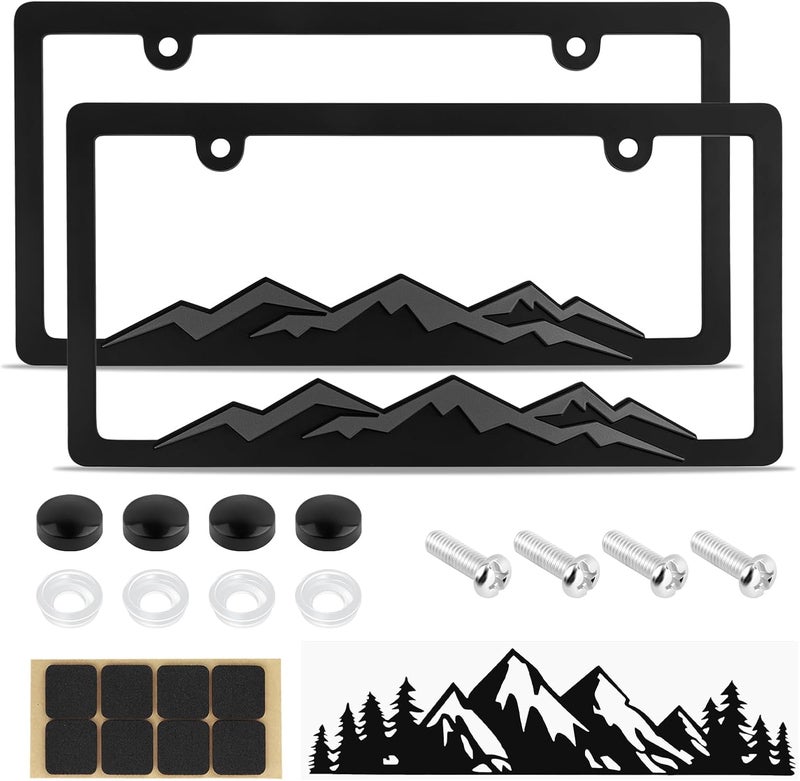 Figpade 2PCS Car License Plates Frames with Raised Mountain Pattern & Mountain Car Decal,Stylish Cars Plates Frame with Screws & Caps,Decorative Cars Accessories Thin License Plate Frame Flat working surface - Image 1
