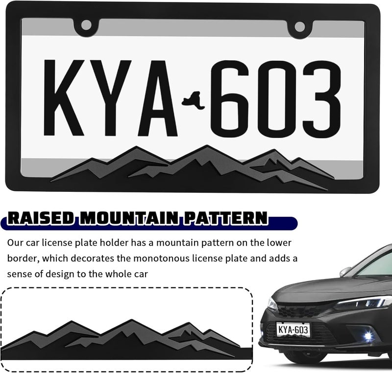 Figpade 2PCS Car License Plates Frames with Raised Mountain Pattern & Mountain Car Decal,Stylish Cars Plates Frame with Screws & Caps,Decorative Cars Accessories Thin License Plate Frame Flat working surface - Image 3