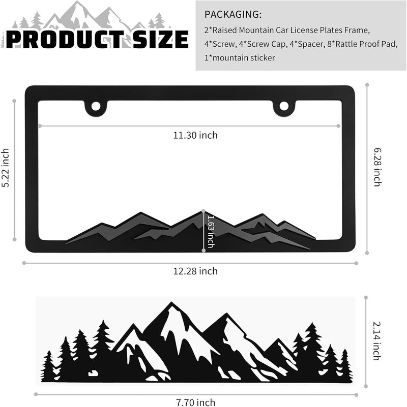 Figpade 2PCS Car License Plates Frames with Raised Mountain Pattern & Mountain Car Decal,Stylish Cars Plates Frame with Screws & Caps,Decorative Cars Accessories Thin License Plate Frame Flat working surface - Image 2