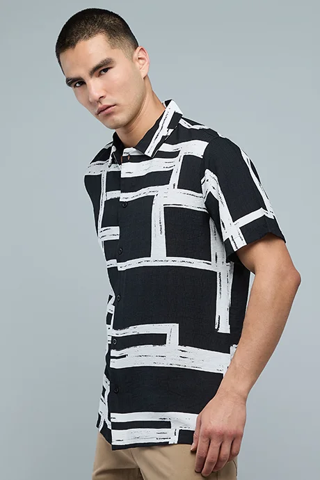 R&B Printed Shirt with Classic Collar and Short Sleeves