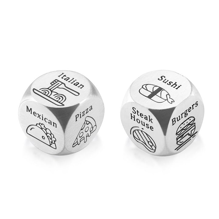 Fleure Esme 2 Pcs Black and White Metal Dodecahedron Food Decision Dice for Couple, Adults, Date Night, Anniversary, Stocking Stuffers - Image 1