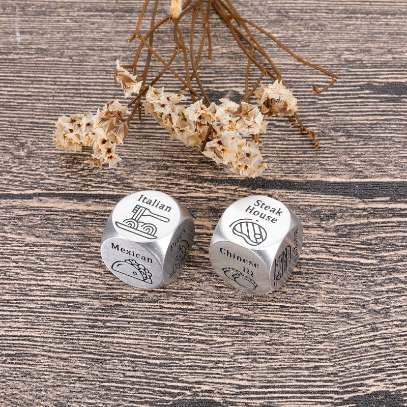 Fleure Esme 2 Pcs Black and White Metal Dodecahedron Food Decision Dice for Couple, Adults, Date Night, Anniversary, Stocking Stuffers - Image 2