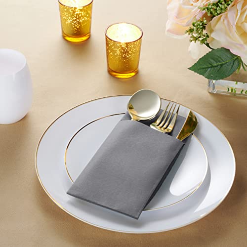 BloominGoods 50Pack Disposable LinenFeel Dinner Napkins with Builtin Flatware Pocket GRAY Prefolded Cloth Like Paper Napkins For Dinner Wedding Or Party Silverware NOT Included - Image 5