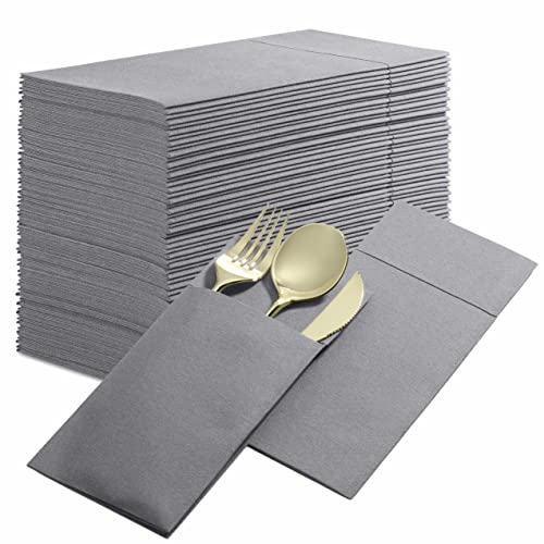 BloominGoods 50Pack Disposable LinenFeel Dinner Napkins with Builtin Flatware Pocket GRAY Prefolded Cloth Like Paper Napkins For Dinner Wedding Or Party Silverware NOT Included - Image 2