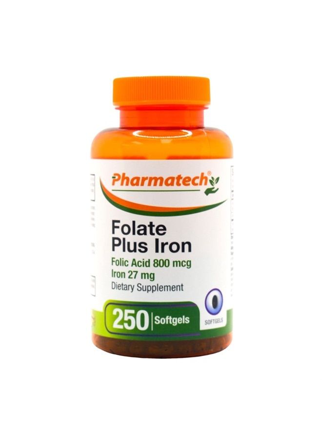 PHARMATECH Folic Acid Supplement, Folate Prenatal, Folic Acid 800 mcg Plus Iron 27 mg, Vitamin B9, Prenatal Folic Acid, Fast Absorption, 250 Softgels - Image 1