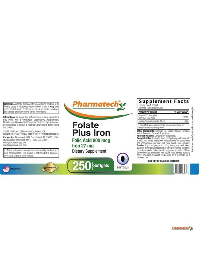 PHARMATECH Folic Acid Supplement, Folate Prenatal, Folic Acid 800 mcg Plus Iron 27 mg, Vitamin B9, Prenatal Folic Acid, Fast Absorption, 250 Softgels - Image 3