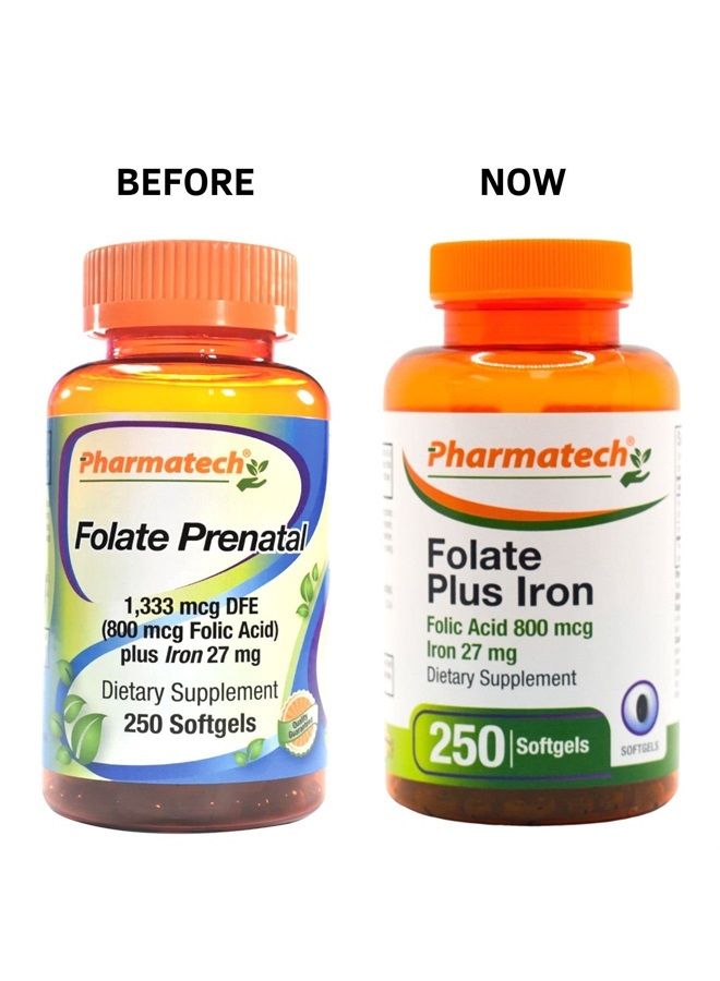 PHARMATECH Folic Acid Supplement, Folate Prenatal, Folic Acid 800 mcg Plus Iron 27 mg, Vitamin B9, Prenatal Folic Acid, Fast Absorption, 250 Softgels - Image 2
