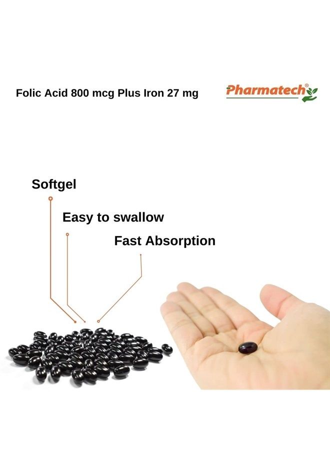 PHARMATECH Folic Acid Supplement, Folate Prenatal, Folic Acid 800 mcg Plus Iron 27 mg, Vitamin B9, Prenatal Folic Acid, Fast Absorption, 250 Softgels - Image 4