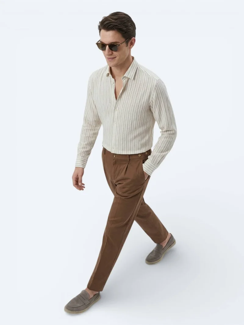 Kip Beige Printed Regular Fit Long Weaving Casual Shirt