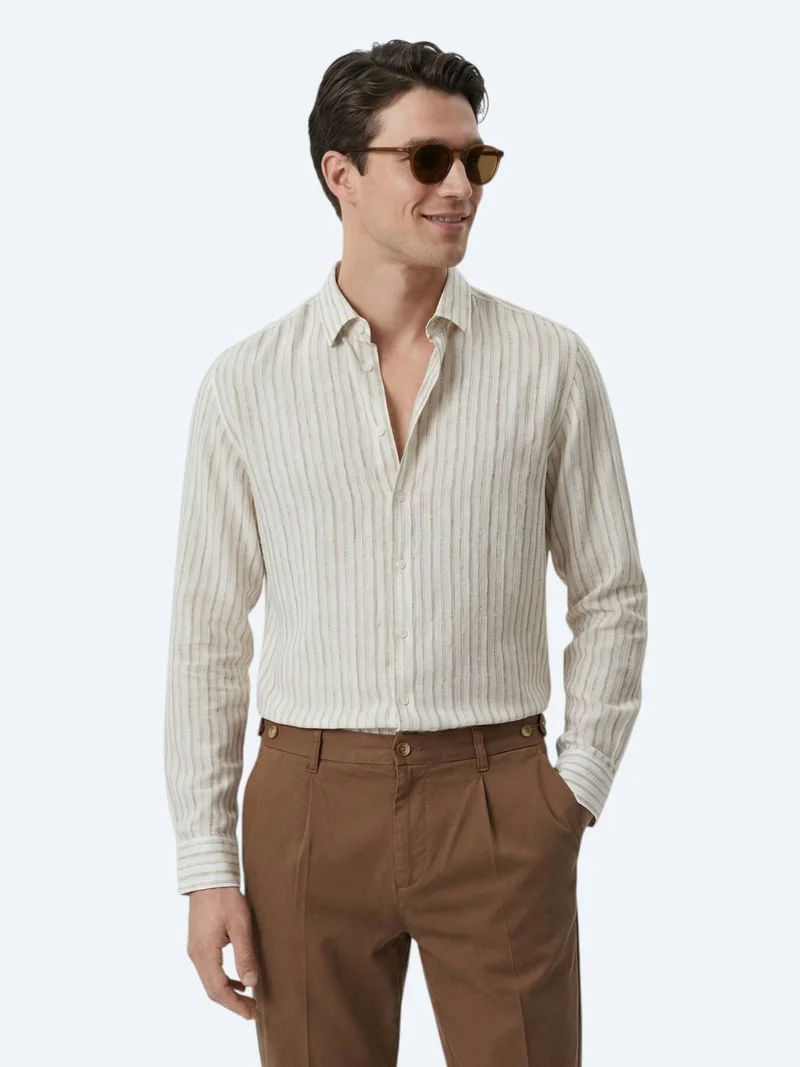 Kip Beige Printed Regular Fit Long Weaving Casual Shirt