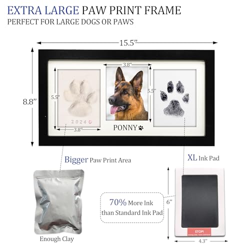 MYPAWLETS Extra Large Paw Print Frame Kit,Dog/Cat Paw Print Kit,Soft Pawprint Clay&Clean Touch Ink Pad,Pet Paw Print Impression Kit with Customization Tool,Wooden Pet Memorial Frame-Black - Image 2