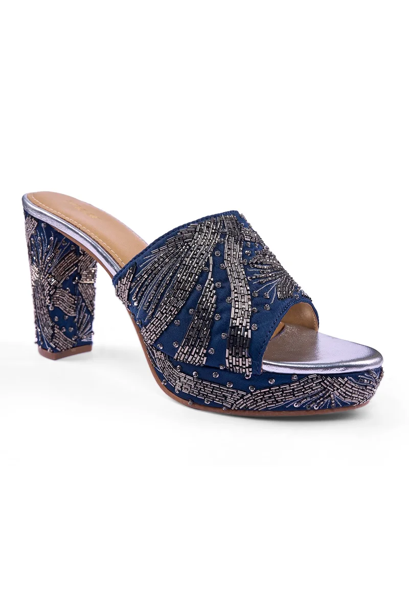 Anaar Electric Nakhra Platform Sandals – Navy Satin Hand-Embroidered Platforms with Zardozi, Salli & Beads