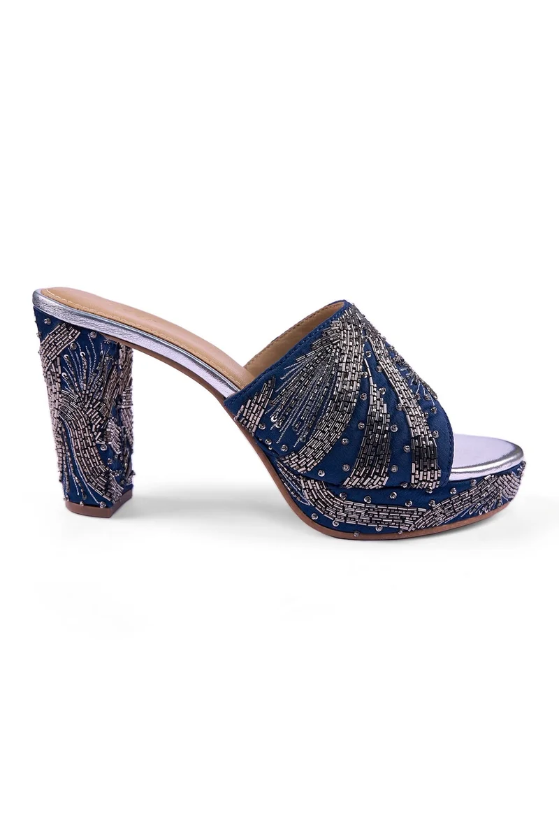 Anaar Electric Nakhra Platform Sandals – Navy Satin Hand-Embroidered Platforms with Zardozi, Salli & Beads