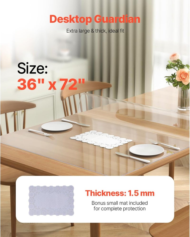 VEVOR Clear Table Cover Protector, 1.5mm Thick 36 x 72 in PVC Plastic Tablecloth, Waterproof & Oil Spill Proof, Customizable Rectangle Table Cover for Writing Desk, Coffee Table, Dining Room Table - Image 2