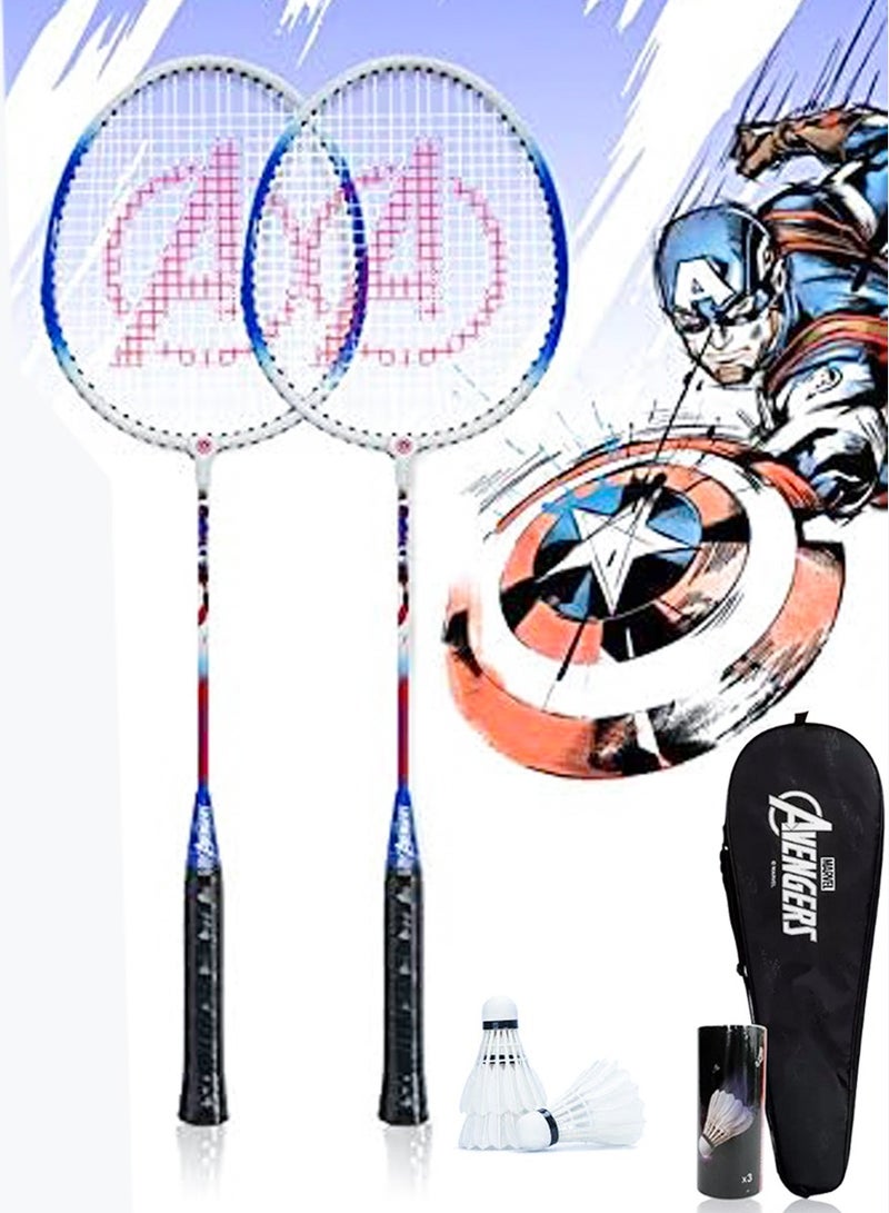 AVENGERS Captain America Badminton Rackets Set of 2 Pcs With 3 Shuttlecocks And A Carry Bag, Premium Quality Rackets With Comfortable Grip, Official Size and Weight, Best Choice for Professionals and Beginners - Image 1