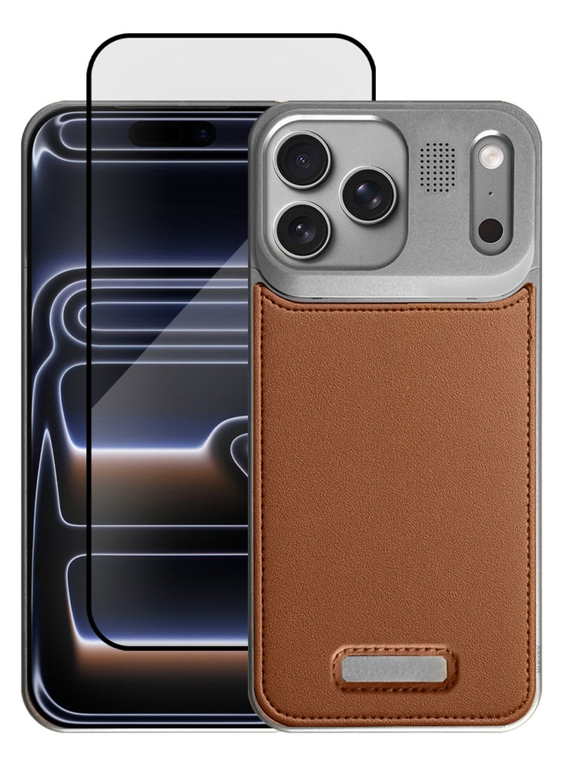 2 Pieces of Luxury Leather Aluminum Alloy Aromatherapy Case for iPhone 17 Pro Max - MagSafe Compatible - Shockproof - Camera Lens Protection - with 3D Screen Protector - Silver Brown - Image 1