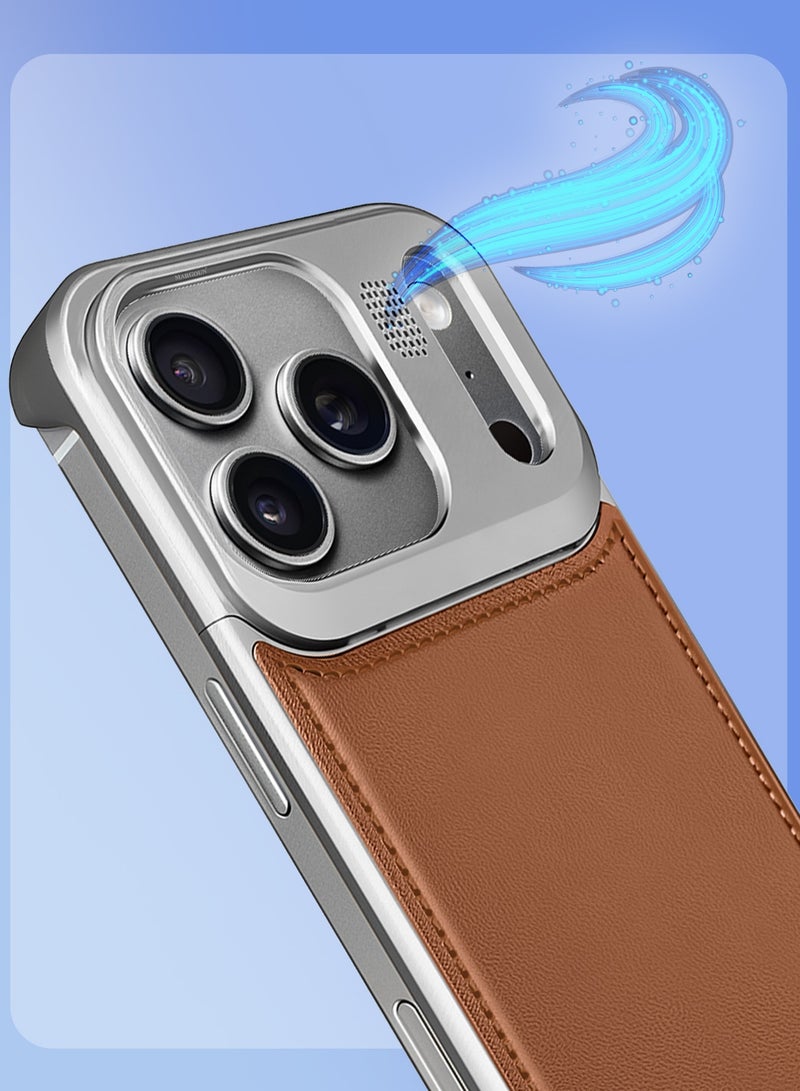 2 Pieces of Luxury Leather Aluminum Alloy Aromatherapy Case for iPhone 17 Pro Max - MagSafe Compatible - Shockproof - Camera Lens Protection - with 3D Screen Protector - Silver Brown - Image 5