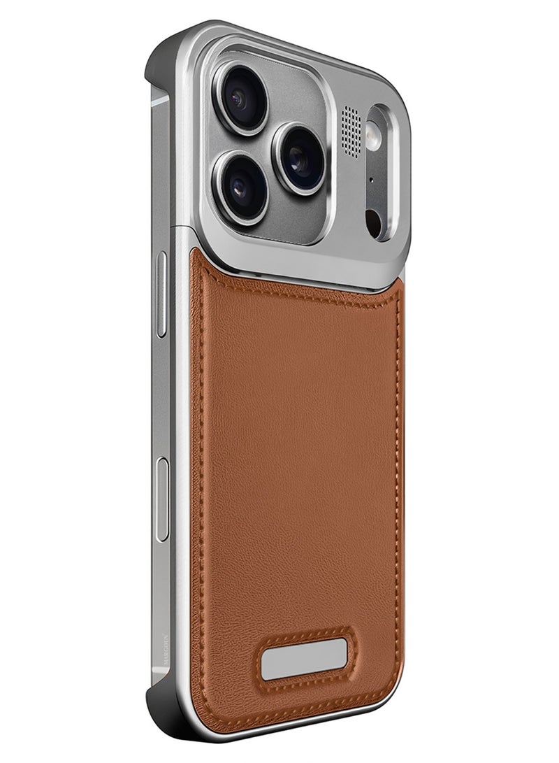 2 Pieces of Luxury Leather Aluminum Alloy Aromatherapy Case for iPhone 17 Pro Max - MagSafe Compatible - Shockproof - Camera Lens Protection - with 3D Screen Protector - Silver Brown - Image 3