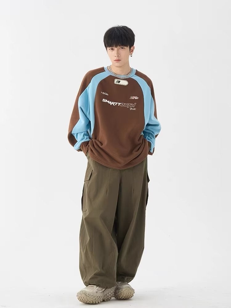 2024 Spring Autumn Retro Sweatshirt Unisex Casual Long Sleeve Patchwork Brown [with real pictures]]
