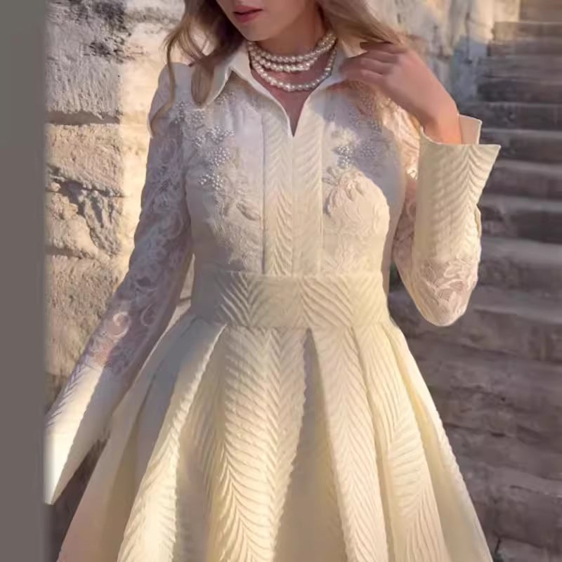White Front Breast Beaded Flower Lace Gauze French Retro Long-Sleeved Fashion Slim Dress - Image 5
