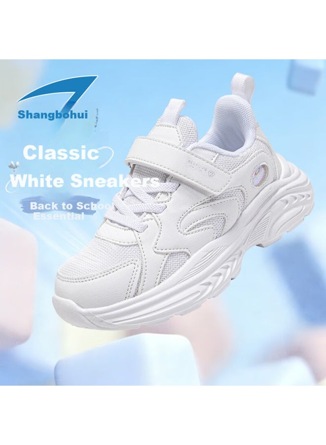 7-PE Qibohui Boys White Sports Shoes Girls White Breathable Mesh Spring New Children's Student Running Shoes - Image 1