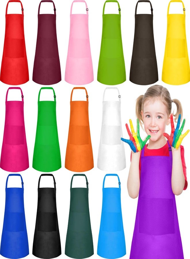 PLULON 18 Pcs Kids Apron Set Adjustable Children Art Aprons Bulk with 2 Pockets Artist Apron for Baking Painting Cooking Activity, Multicolor - Image 1