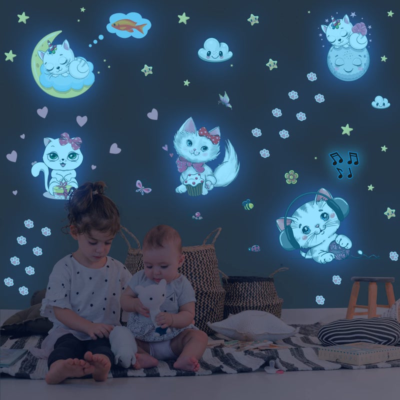 Glow in The Dark Stars for Girls Room Glowing Cats Cartoon WallCeiling Decals Kitten Butterflies Stickers for Kids Bedroom Luminous Wall Decor for Nursery Blue