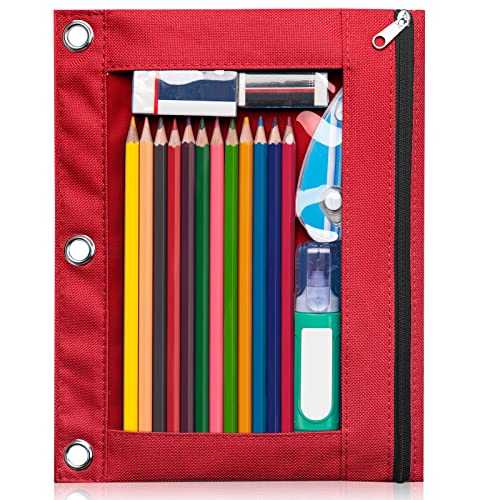 Forvencer Pencil Pouch for 3 Ring Binder, Clear Window Pencil Case with Smooth Zipper, Big Capacity 3 Ring Binder Pencil Bag with 3 Reinforced Grommets, Bright Red - Image 1