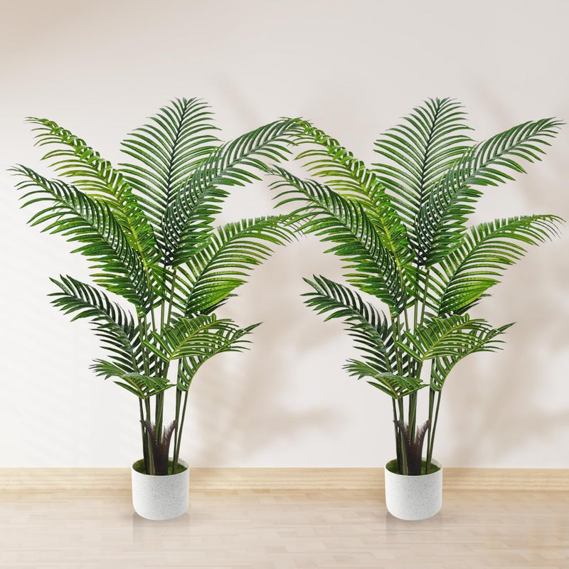 Suntee Artificial Palm Tree 4FT, Suntee Fake Tree with White Tall Planter 2 Pack, Faux Tropical Areca Floor Plant in Pot, Artificial Silk Plant for Home Office Living Room Decor Indoor - Image 1