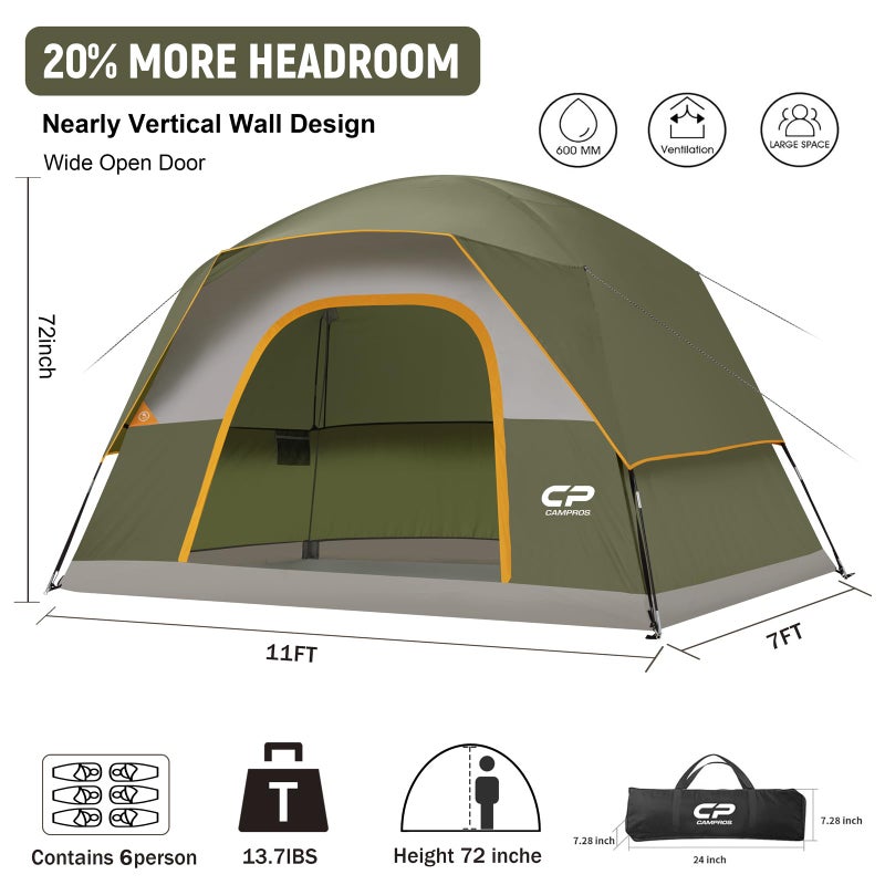 CAMPROS CP Tents for Camping 6 Person Tent Waterproof Windproof Double Layer Family Camping Tent, Easy Setup Dome Tent with Large Mesh Windows & Wider Door for Outdoor Camping & Hiking - Image 2