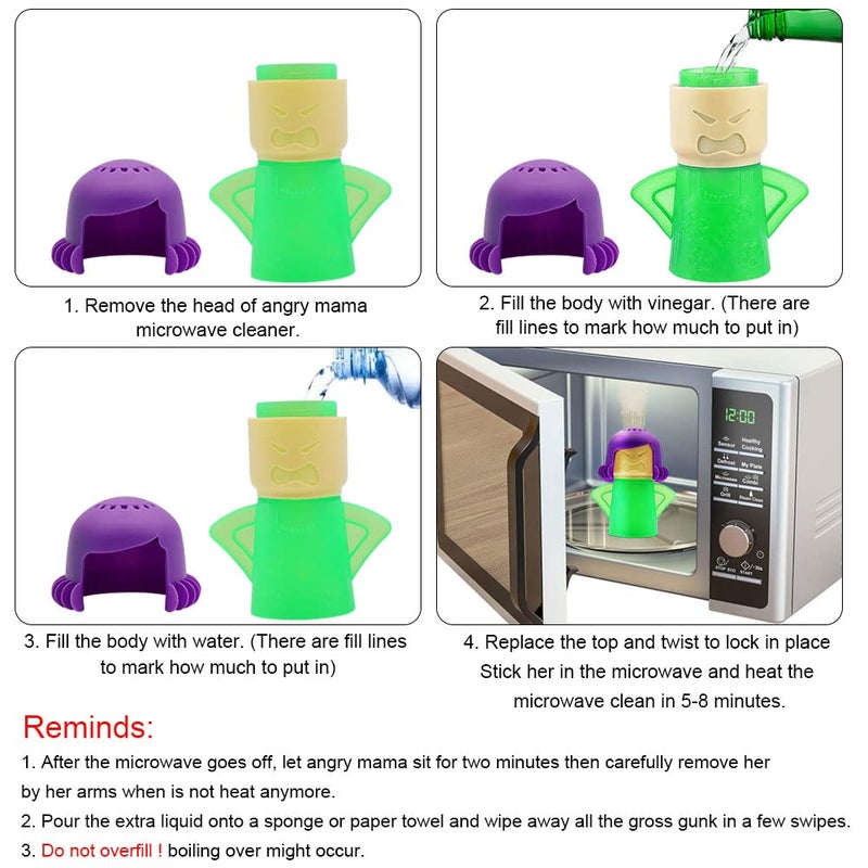 Abnaok Microwave Cleaner, Angry Mama Microwave Cleaner Microwave Oven Steam Cleaner Easily Clean in Minutes Cleans Add Vinegar and Water for Home or Office with English Manual (Green) - Image 4