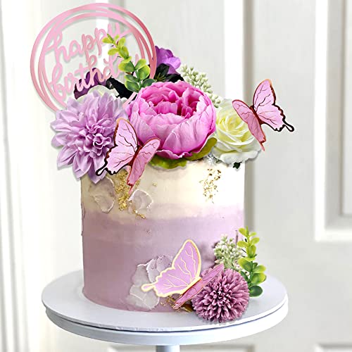 BANBALLON 14 PCS Butterfly Cake Toppers Happy Birthday Cake Decorations with Artificial Purple Flowers Eucalyptus Butterflies for Girls Birthday Party Wedding Baby Shower Supplies (Purple) - Image 3