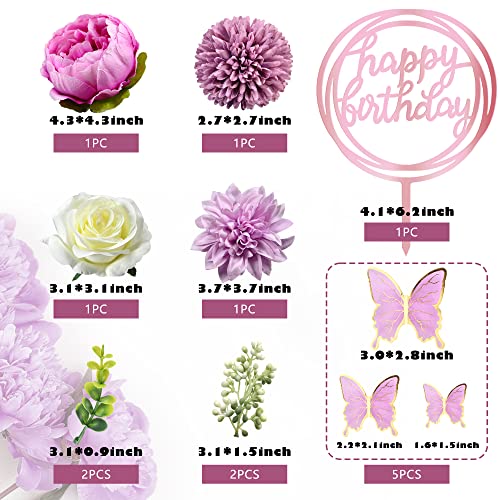 BANBALLON 14 PCS Butterfly Cake Toppers Happy Birthday Cake Decorations with Artificial Purple Flowers Eucalyptus Butterflies for Girls Birthday Party Wedding Baby Shower Supplies (Purple) - Image 2