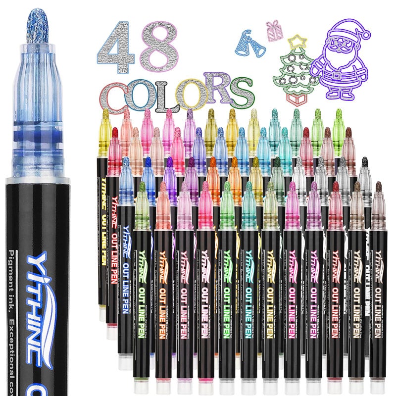 YITHINC Easter Basket Stuffers, 48 Outline Markers Metallic Shimmer Glitter Gel Pens, Tween Teen Girl Gifts Trendy Stuff, Cool Cute Art Craft School Birthday Supplies for Kids Girls Ages 4 6 8 10 12 Year Old - Image 1