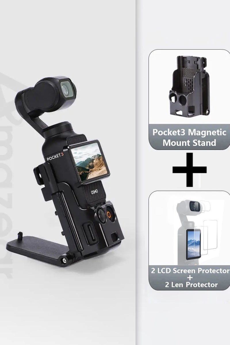 AMAZEAR Pocket 3 Magnetic Mount Stand Compatible with DJI Osmo Pocket 3, Upgraded Pocket3 Accessories Adapter Clamp Magnet Suction Case Holder on Desktop, Vertical Surface, 180° Adjustable Handle, WITH 2 Lens Protector + 2 LCD Screen Protector - Image 1