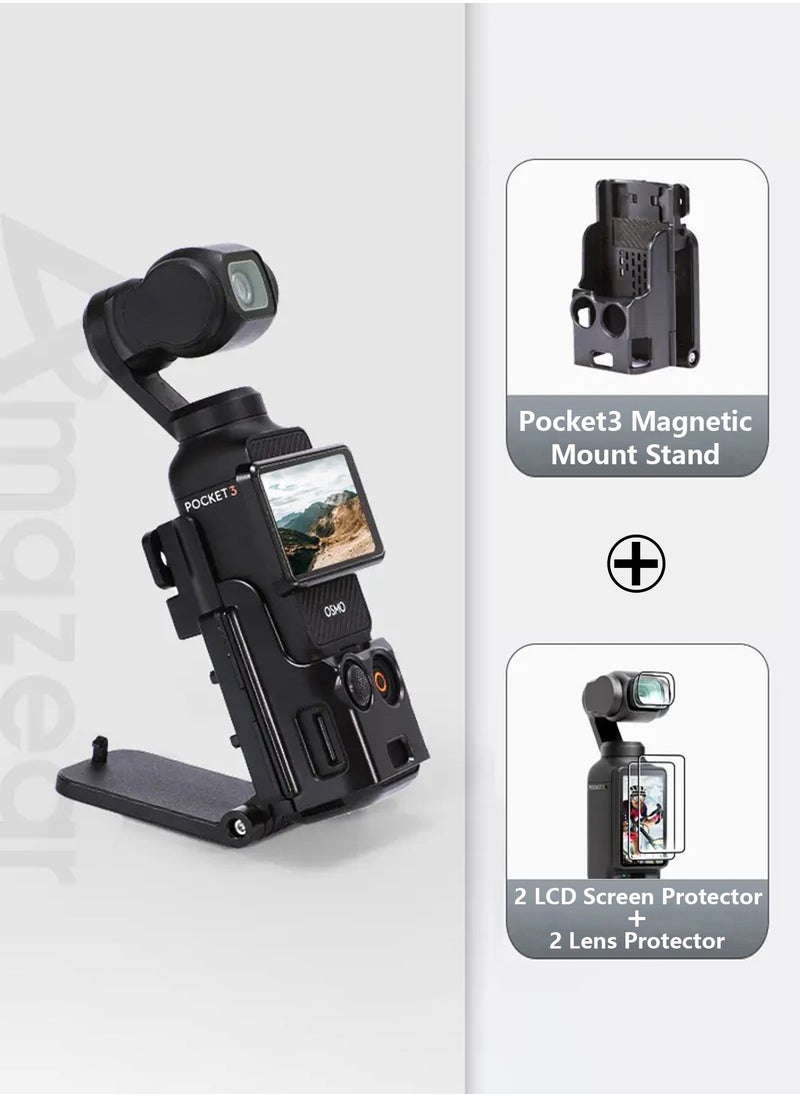 AMAZEAR - Magnetic Mount Stand Compatible with DJI Osmo Pocket 3, Upgraded Pocket3 Accessories Adapter Clamp Magnet Suction Case Holder on Desktop, Vertical Surface, 180° Adjustable Handle, WITH 2 Lens Protector + 2 LCD Screen Protector - Image 1
