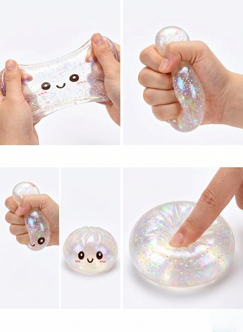 ATRJSZ Crystal Clear Glitter Dumpling Squishy Toy with Steamer Box, Translucent Jumbo TPR Squeeze Bun Fidget, ASMR Sensory Stress Relief Alternative to Nice Cube & Jellyfish - Image 2