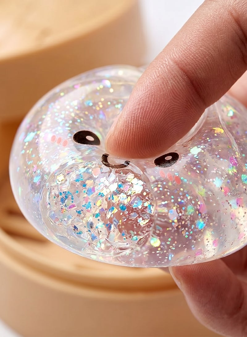 ATRJSZ Crystal Clear Glitter Dumpling Squishy Toy with Steamer Box, Translucent Jumbo TPR Squeeze Bun Fidget, ASMR Sensory Stress Relief Alternative to Nice Cube & Jellyfish - Image 3