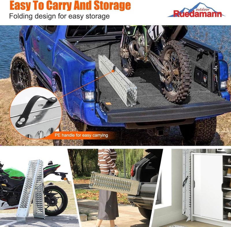Ruedamann 83" Folding Motorcycle Ramp, 480 lbs Capacity Steel Bike Ramp for Truck, Anti-Slip Loading Ramp for Dirt Bike, ATV, Lawn Mower, Outdoor Powersports, 1PC for Pickup Trailer & Tailgates - Image 5