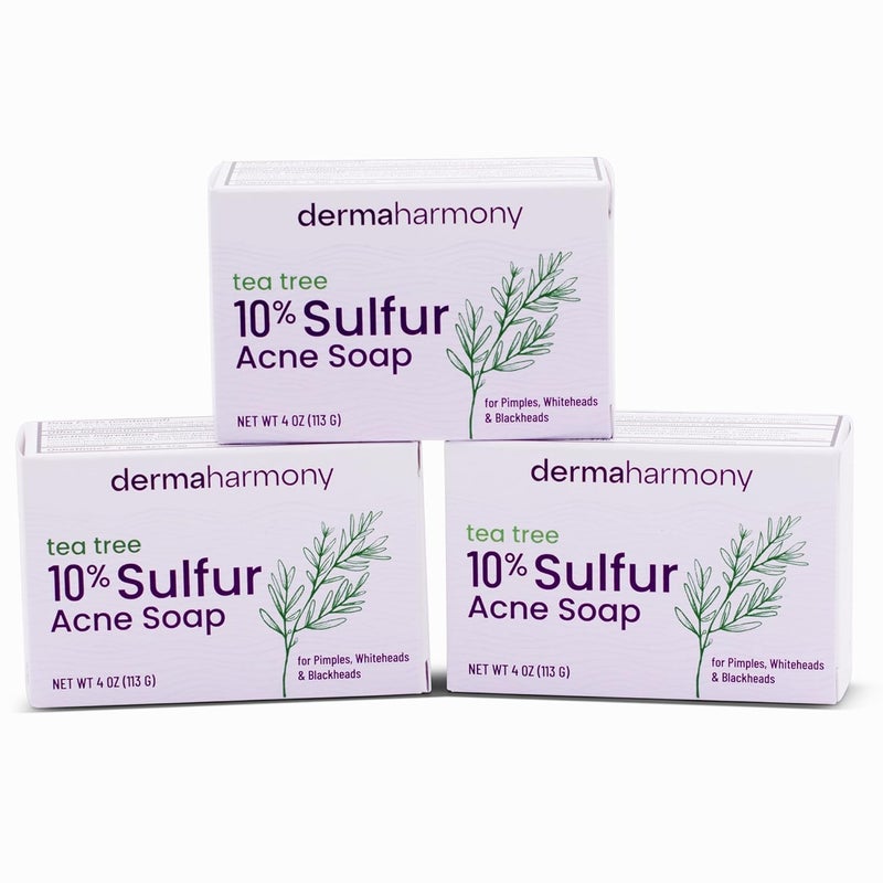 Dermaharmony 10 Sulfur with Tea Tree Oil Acne Bar Soap 4 oz 3 Bars - Image 1