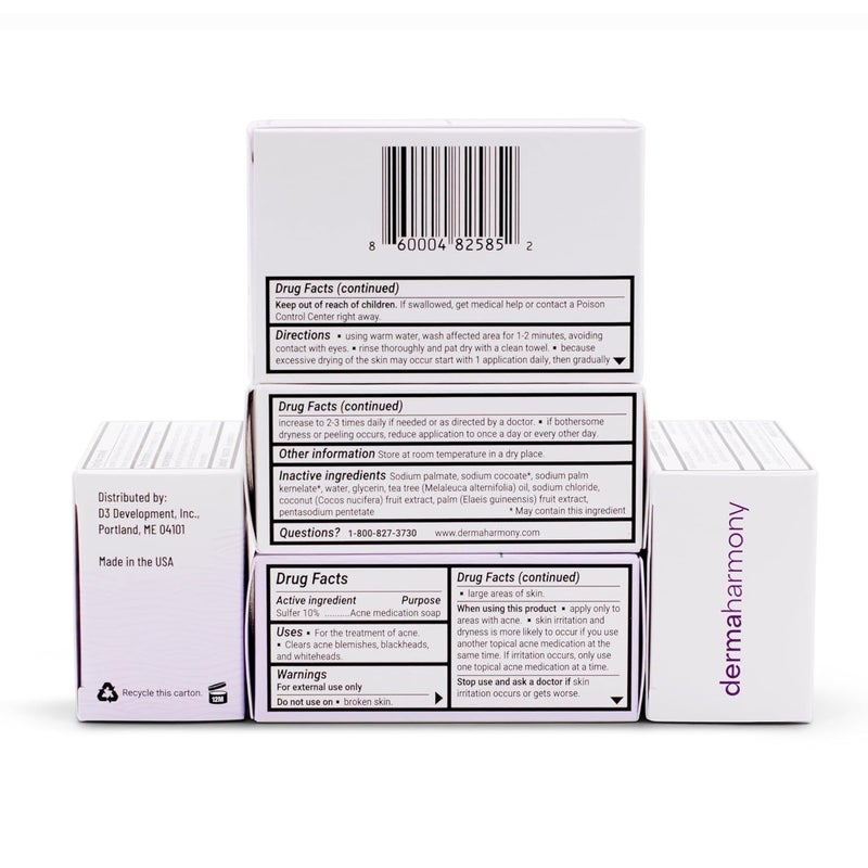 Dermaharmony 10 Sulfur with Tea Tree Oil Acne Bar Soap 4 oz 3 Bars - Image 3