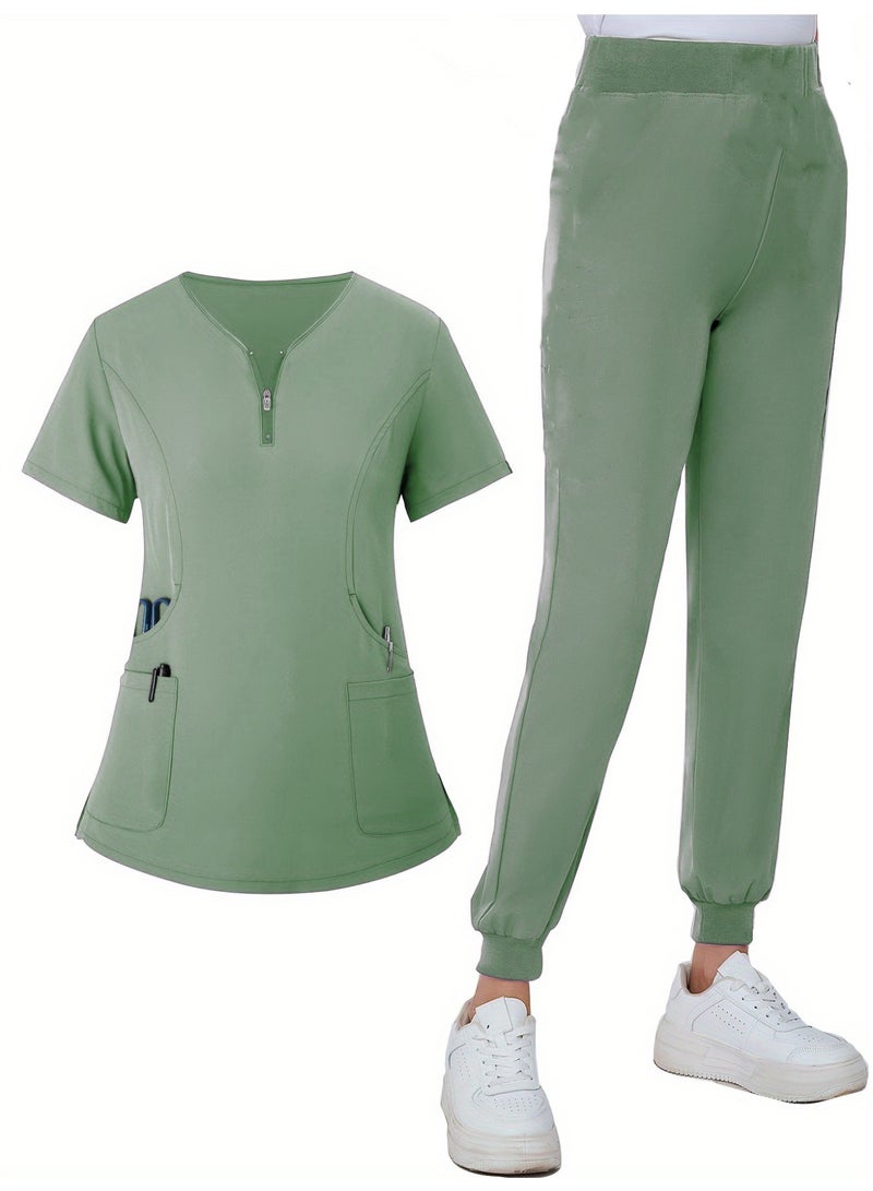 Loquat Womens Men Medical Scrubs Set Medical Uniform Set Light Green - Image 1