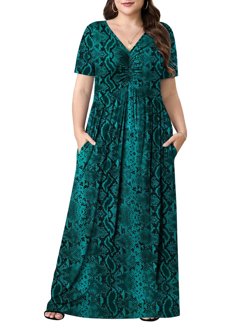 PEVRL Plus Size Maxi Dresses for Women Summer Casual Short Sleeve Long Dress with Pockets Green Snake Skin 3X - Image 1