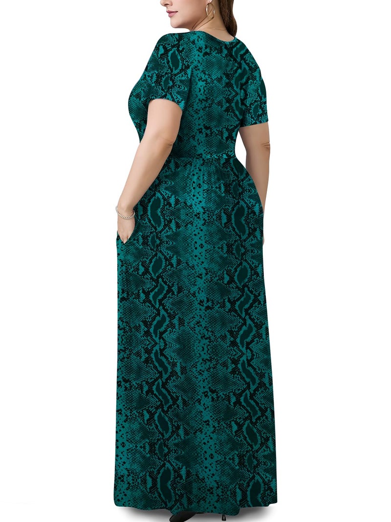 PEVRL Plus Size Maxi Dresses for Women Summer Casual Short Sleeve Long Dress with Pockets Green Snake Skin 3X - Image 3