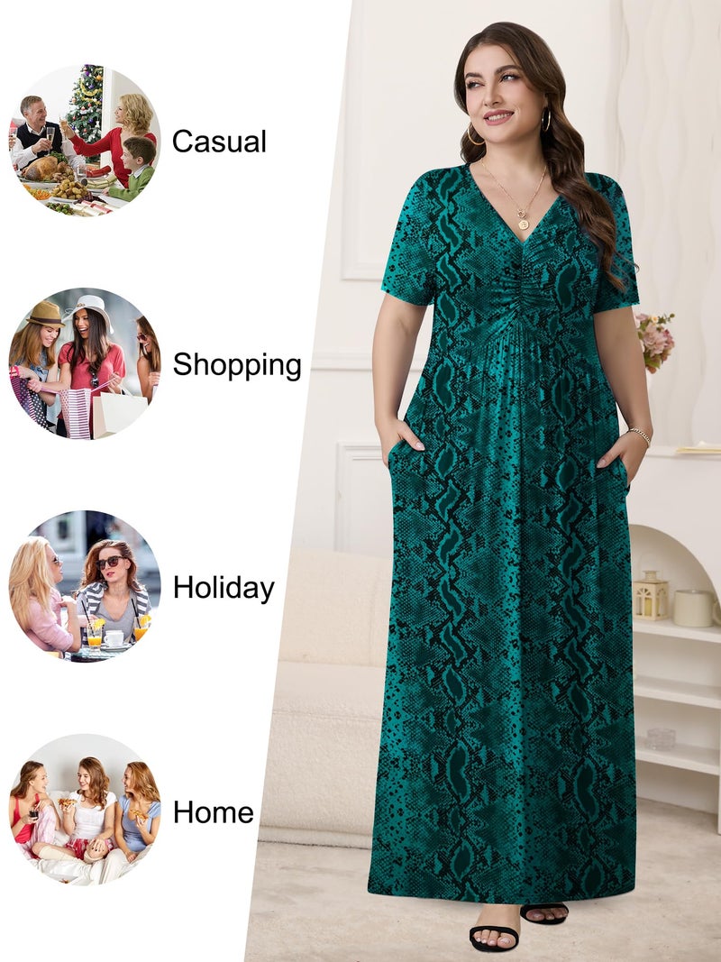PEVRL Plus Size Maxi Dresses for Women Summer Casual Short Sleeve Long Dress with Pockets Green Snake Skin 3X - Image 4