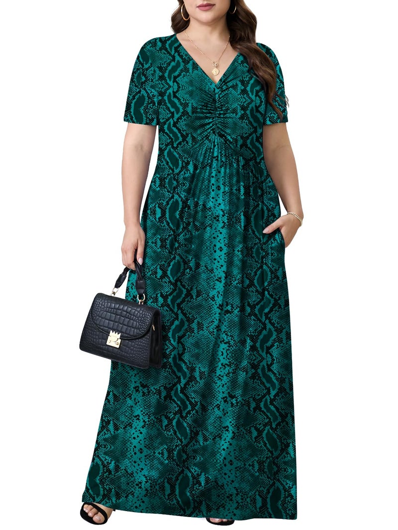 PEVRL Plus Size Maxi Dresses for Women Summer Casual Short Sleeve Long Dress with Pockets Green Snake Skin 3X - Image 2